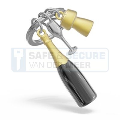 Metalmorphose sleutelhanger champagne in zwarte fles met goudkleurige kurk en zilverkleurig glas 