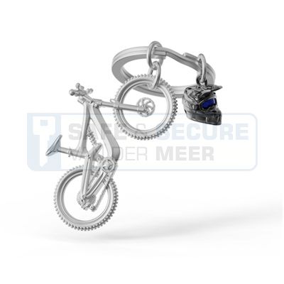 Metalmorphose sleutelhanger mountainbike in zilverkleur, met zwarte helm 