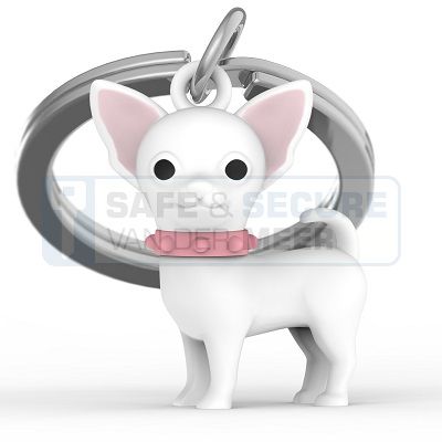 Metalmorphose sleutelhanger chihuahua wit met roze halsband 