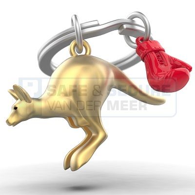 Metalmorphose sleutelhanger kangaroe (goudkleurig) met rode bokshandschoen 