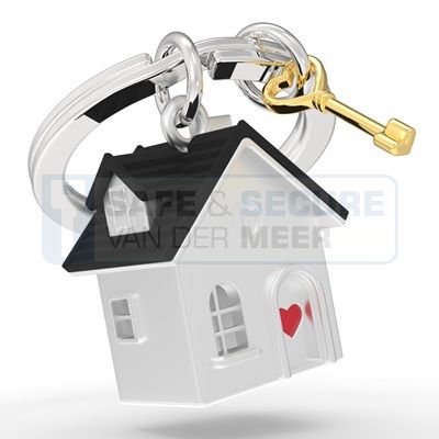 Metalmorphose sleutelhanger wit huisje met goedkleurige sleutel  