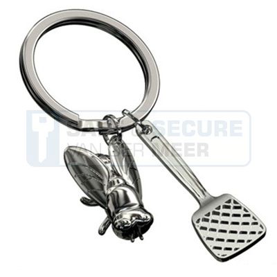 Metalmorphose sleutelhanger vliegenmepper met vlieg in zilverkleur, UITLOPEND ARTIKEL! 