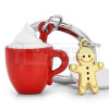 Metalmorphose sleutelhanger warme chocolademelk met peperkoekmannetje in zilverkleur 