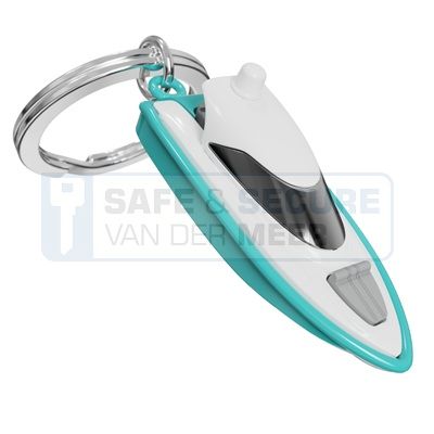 Metalmorphose sleutelhanger speedboot blauw met wit 